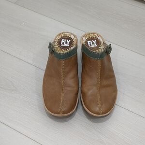 Fly London Yapp Clogs 36 Brown and Green Leather Mules
